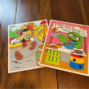 1984 Vintage Oscar the Grouch  and Pinocchio Framed Tray Puzzles Playskool
